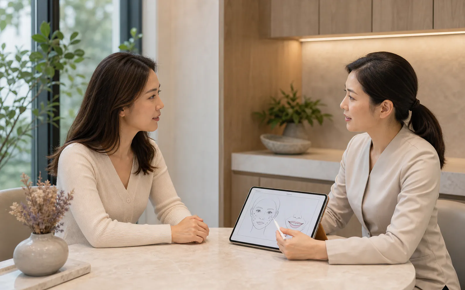 A doctor and patient discussing facial and smile concerns together during an initial consultation.