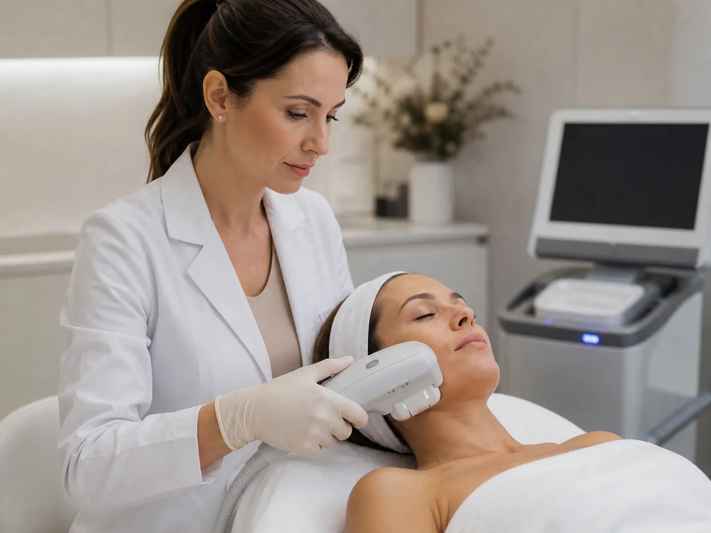 Non-surgical lifting treatment with an energy-based device along the jawline.