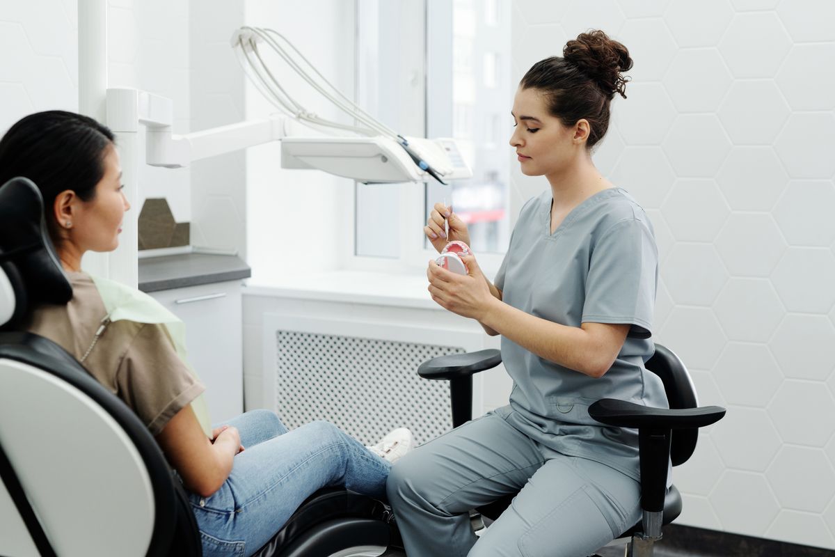 Dentist explaining a dental model to a patient during consultation.