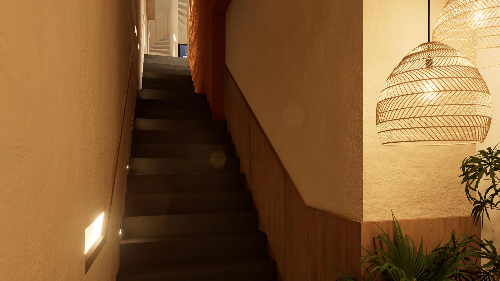 A second view of the sculpted staircase and textured walls at the clinic entrance.